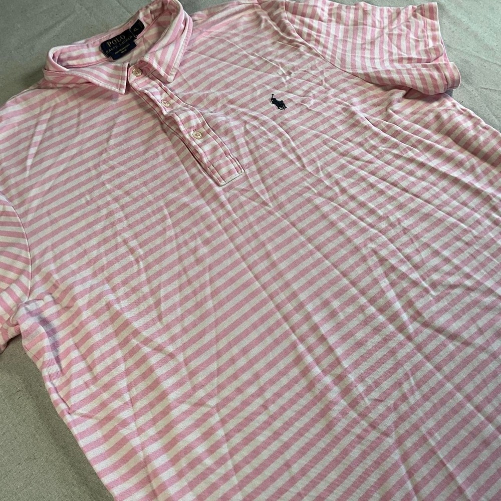 Mens Polo Ralph Lauren Featherweight Pink White Stripe Cotton Polo (XLarge)